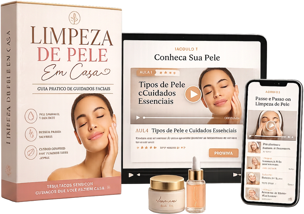 Mockup do curso Skincare em Casa com ebook, tablet, celular e produtos