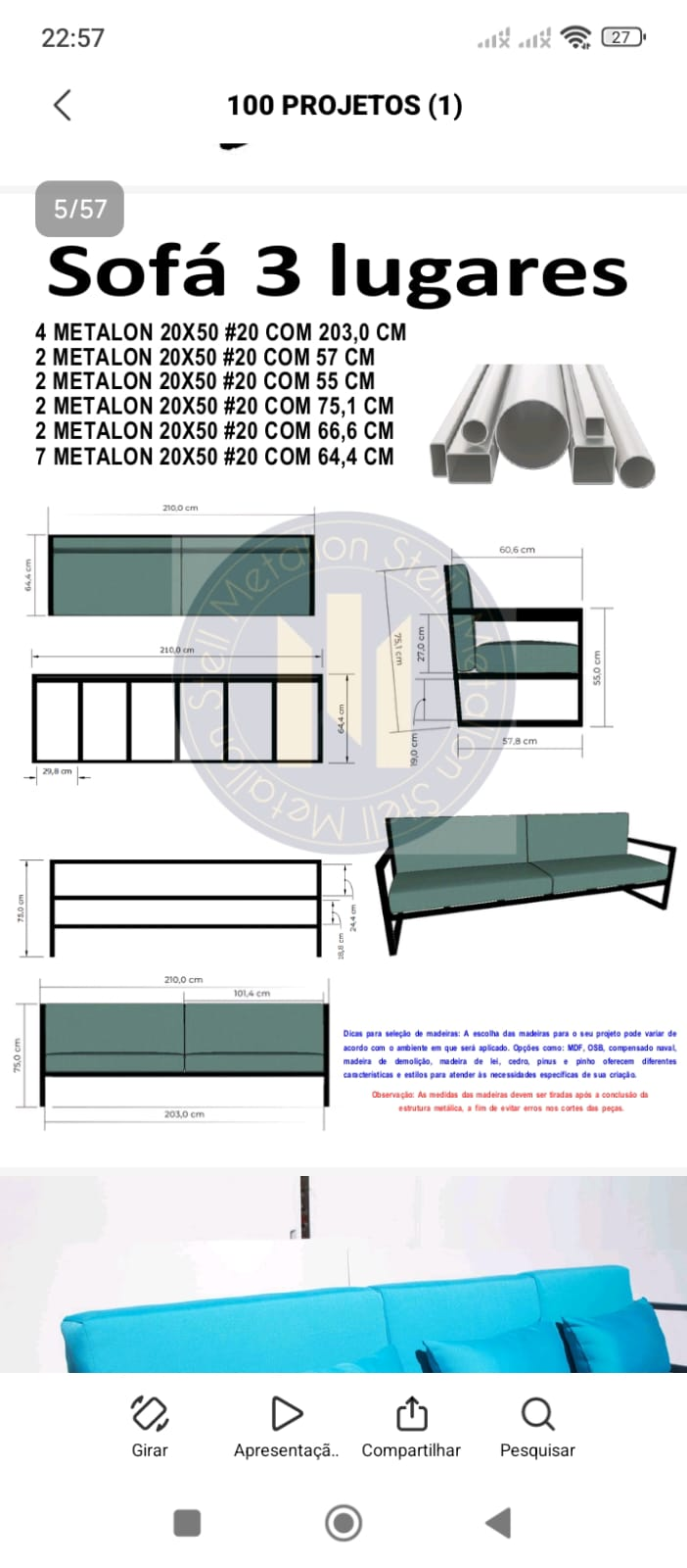 Projeto de Sofá 3 lugares